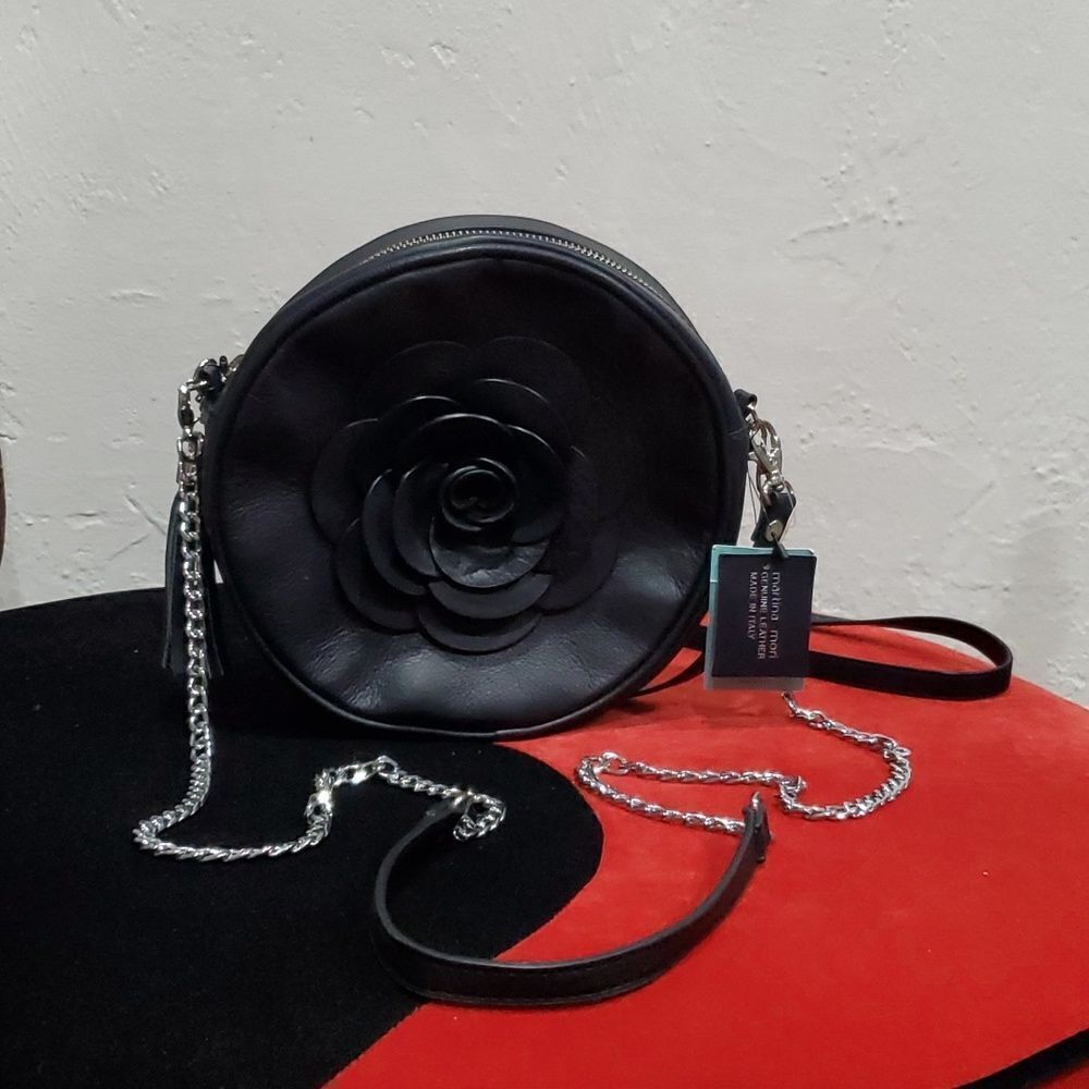 Martina Mori Made in Italy Genuine Leather Round Purse w/Leather Flower & Chain